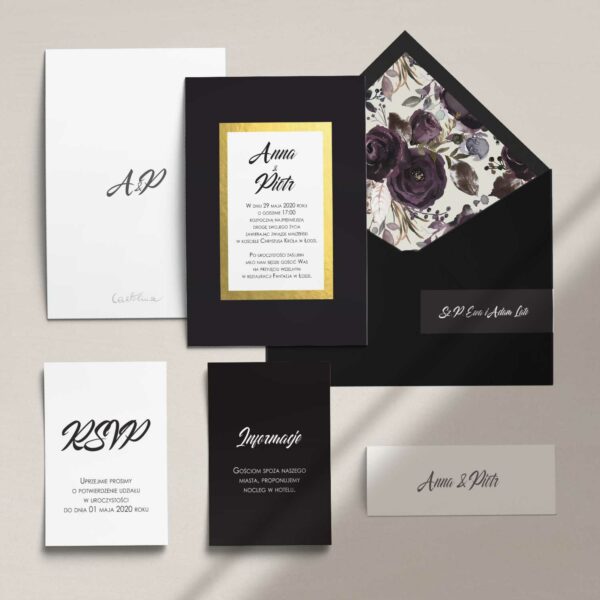Zaproszenia ślubne wraz z kopertą, RCVP oraz opaską z kolekcji Czarne złoto firmy Cartolina - zaproszenia ślubne