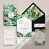 Zaproszenia ślubne wraz z kopertą, RCVP oraz opaską z kolekcji W tropikach firmy Cartolina - zaproszenia ślubne