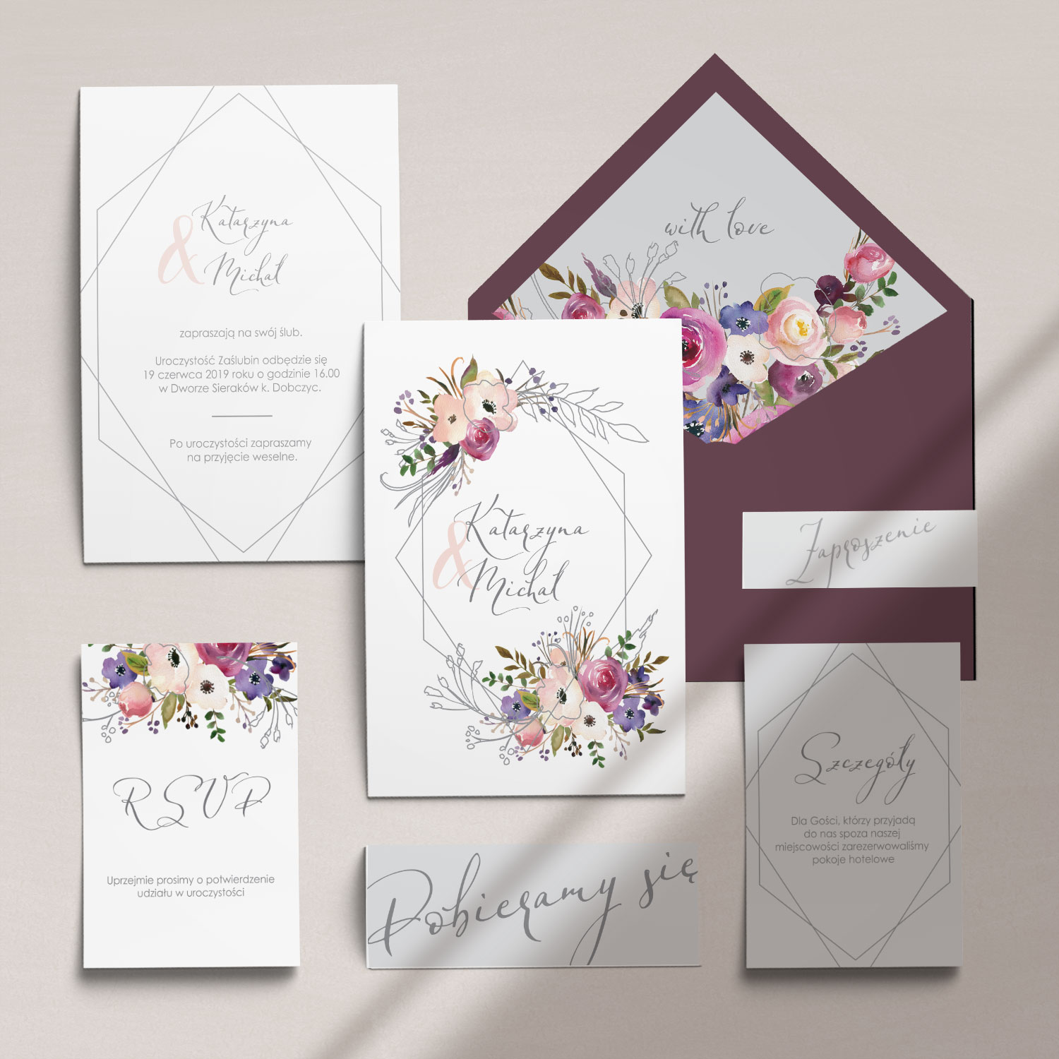Botaniczne zaproszenia ślubne z kwiatami wraz z kopertą, RCVP oraz opaską z kolekcji Kreska i kwiaty firmy Cartolina - zaproszenia ślubne