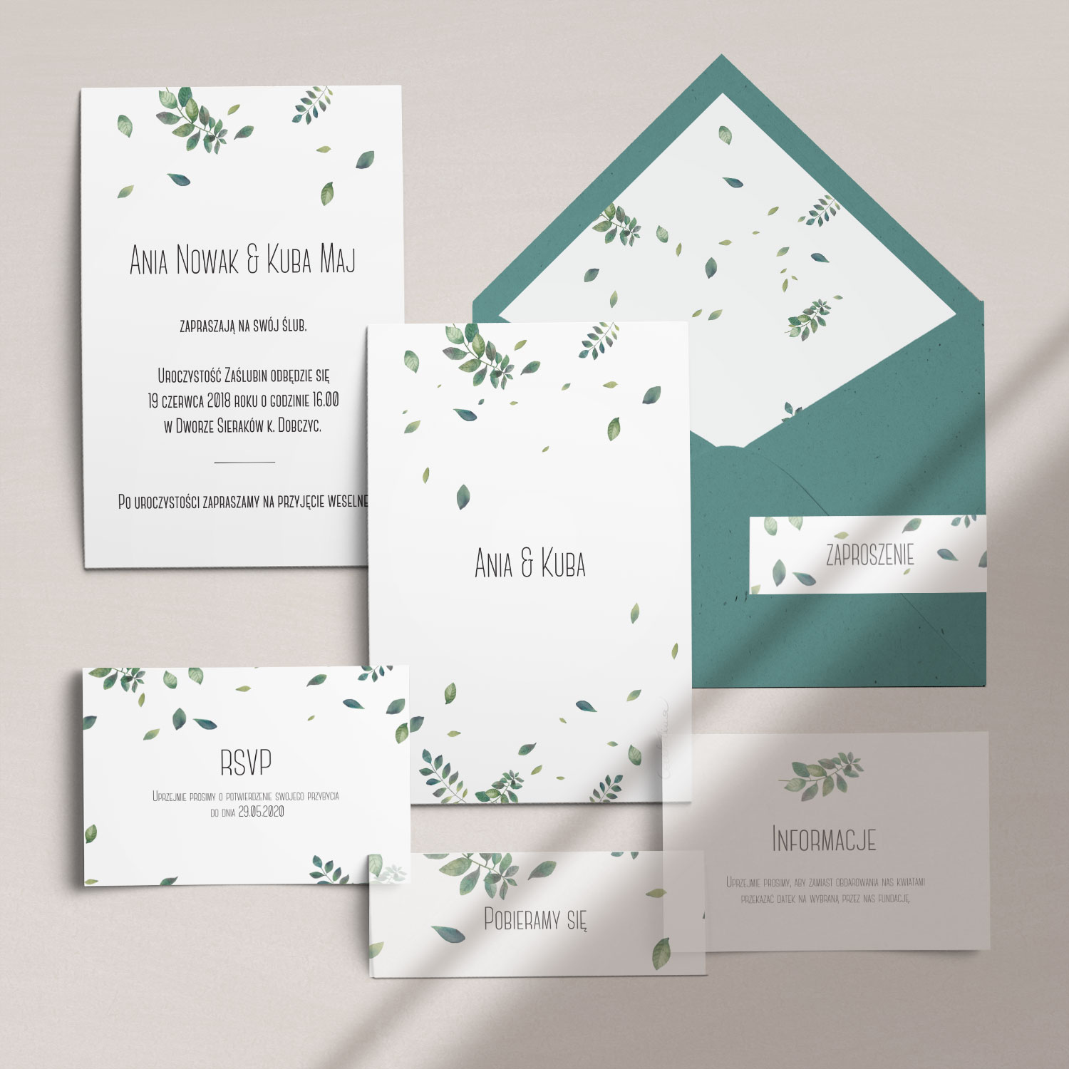 Zaproszenia ślubne wraz z kopertą, RCVP oraz opaską z kolekcji Listki na wietrze firmy Cartolina - zaproszenia ślubne