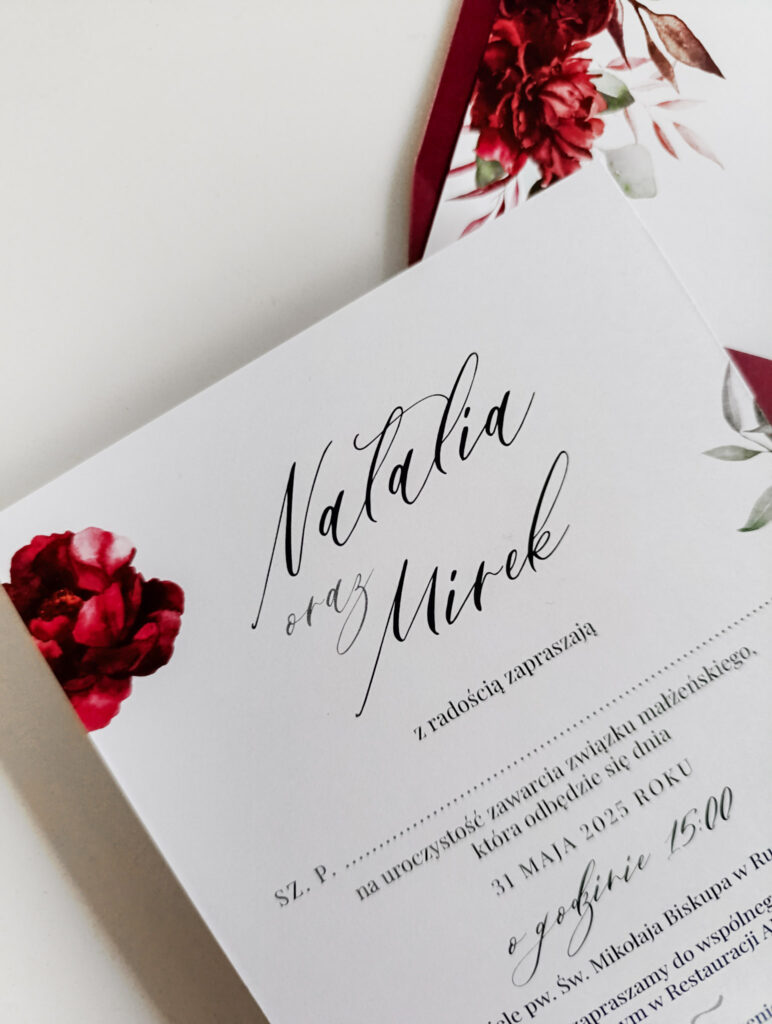 eleganckie zaproszenia slubne z peonia bordowe cartolina 3