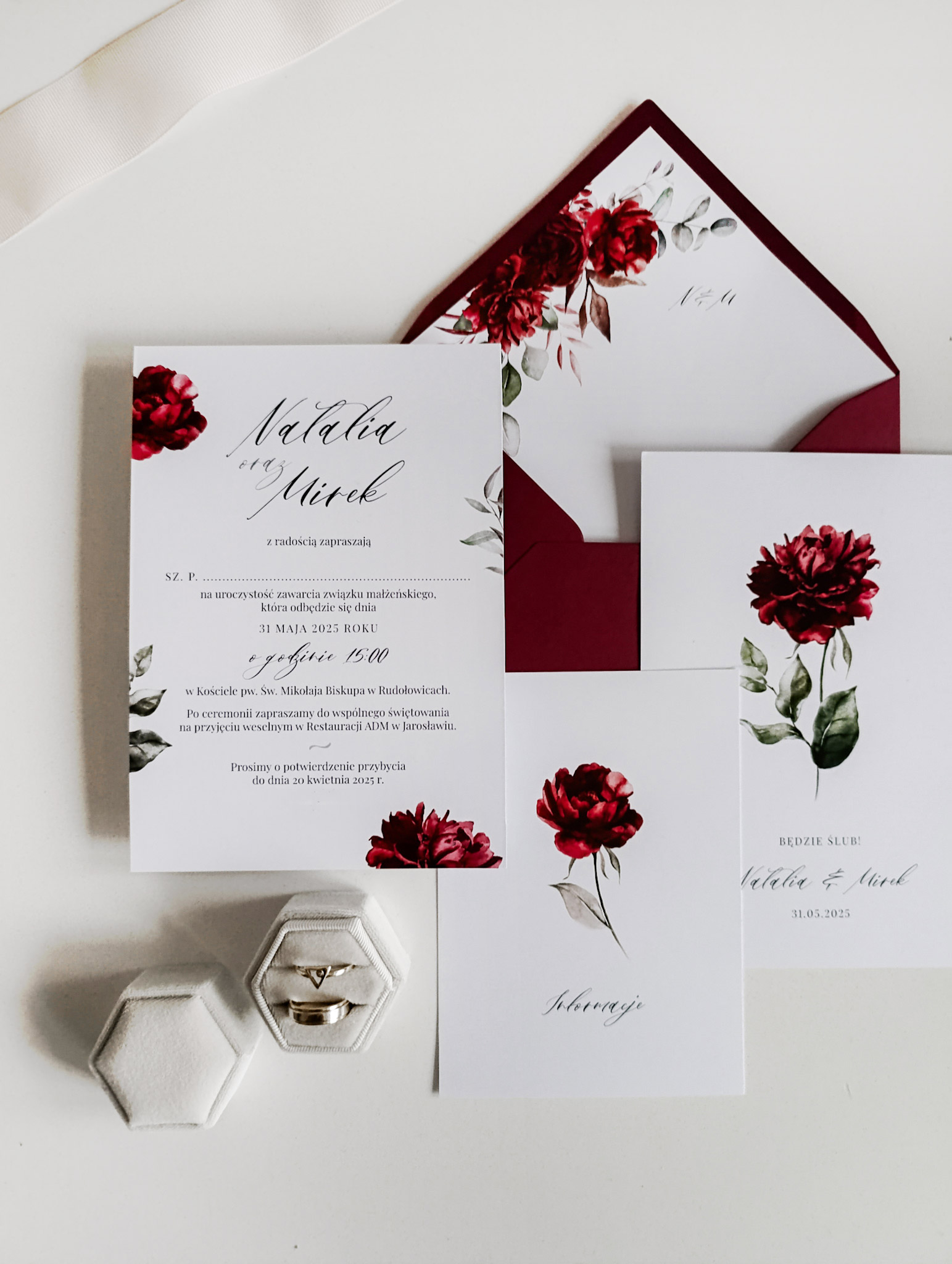 eleganckie zaproszenia slubne z peonia bordowe cartolina 5